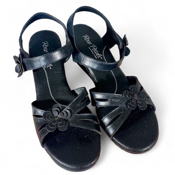 Rose Petals by Walking Cradles Black Leather Sandals Size 7 Sling Backs - Picture 1 of 9